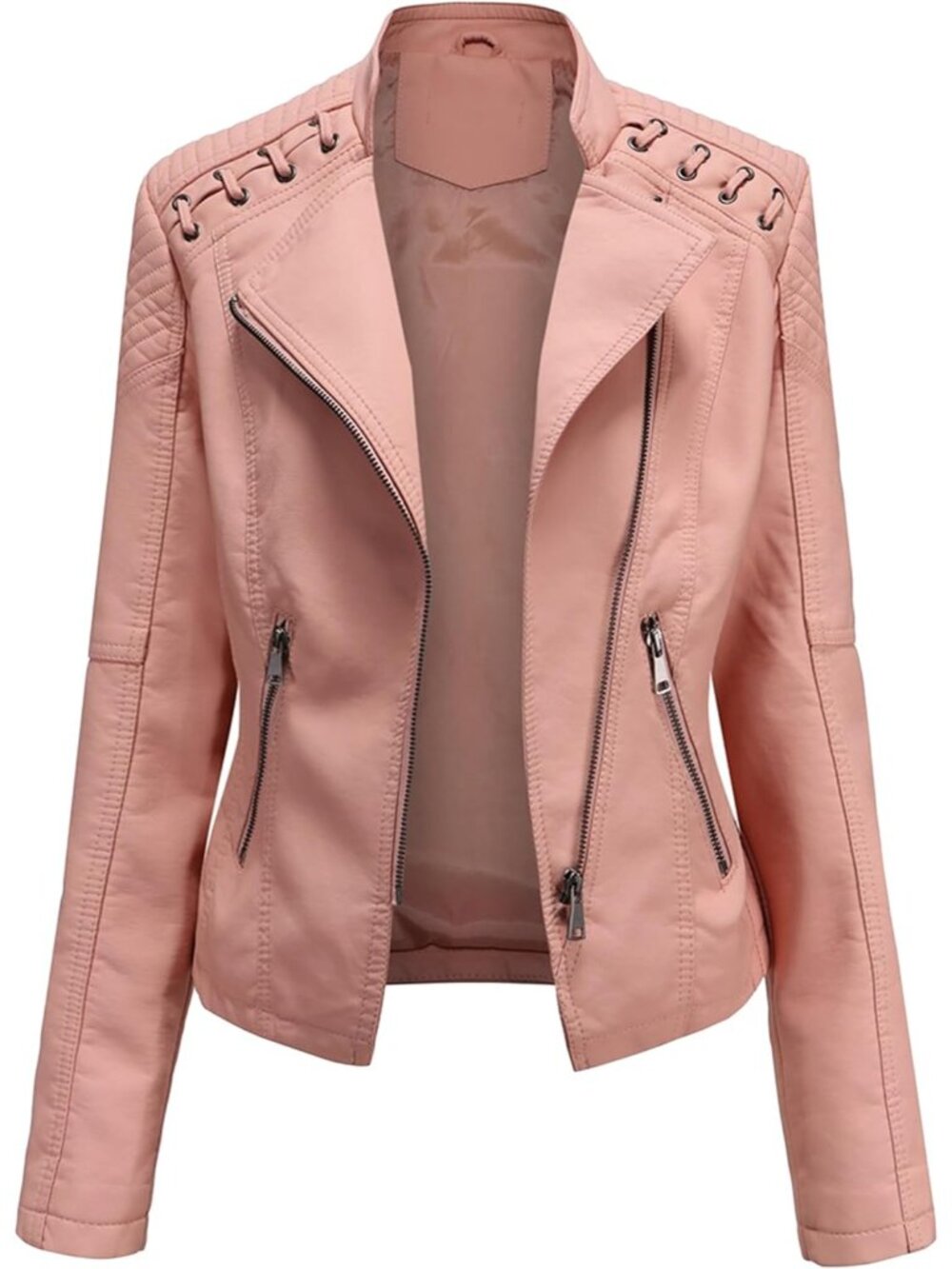 Women’s Lapel Pink Faux Leather Zip Up Moto Biker Jacket Short Slim Fit Coat